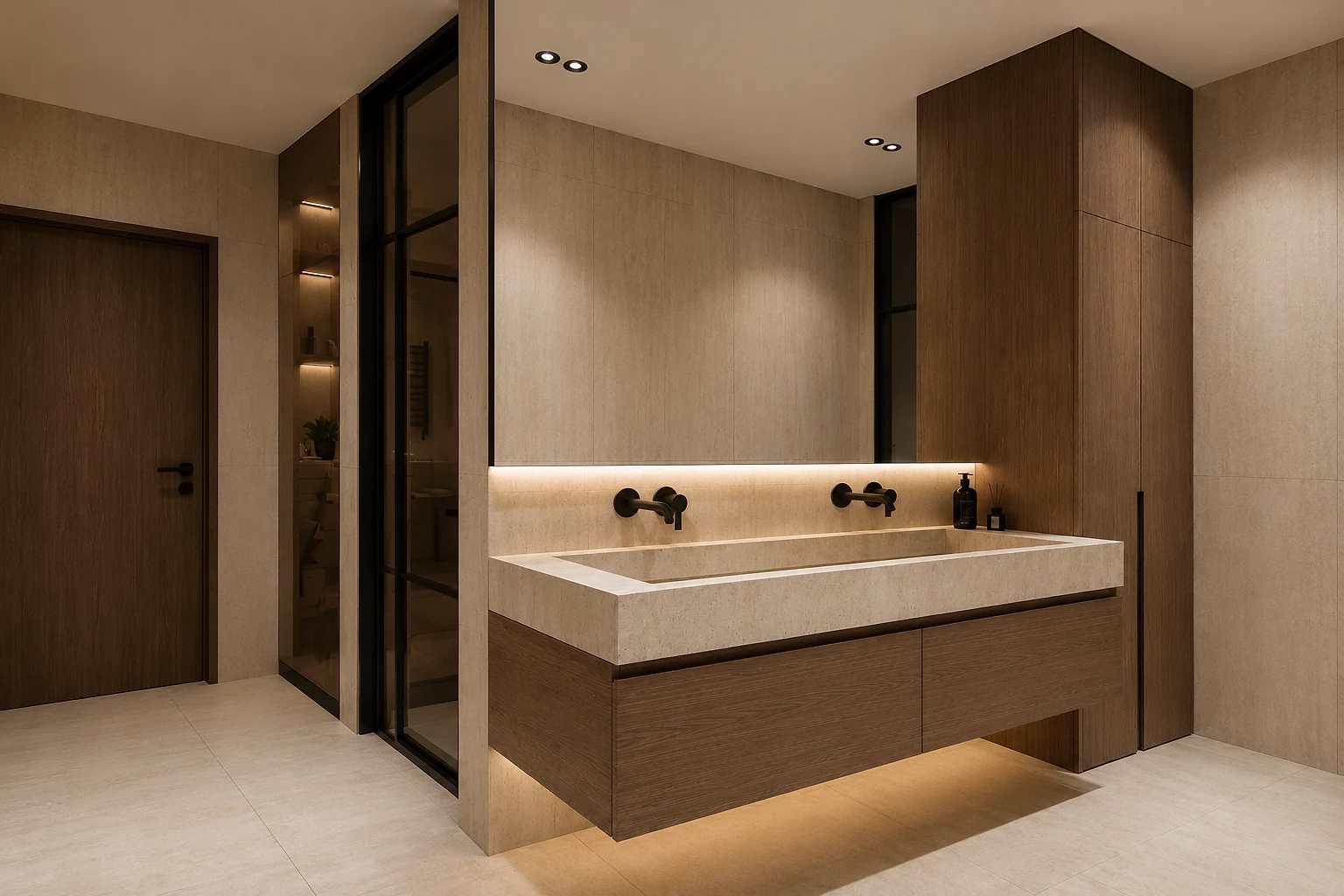 Custom oak vanity with a stone basin in a warm limestone bathroom